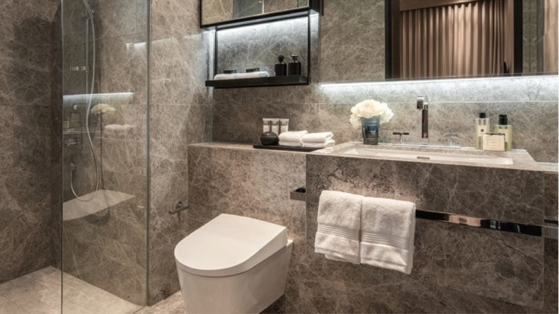 A bathroom in the Martin Modern with a Geberit AquaClean Sela shower toilet
